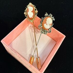 Vintage 70s Avon Gold Tone & Silver Tone Cameo Brooch Straight Pin or hat pin